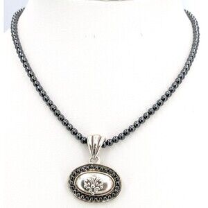 Silver Tone Hematite Look Bead Necklace Oval Pendant Heart Clasp Extender 19in